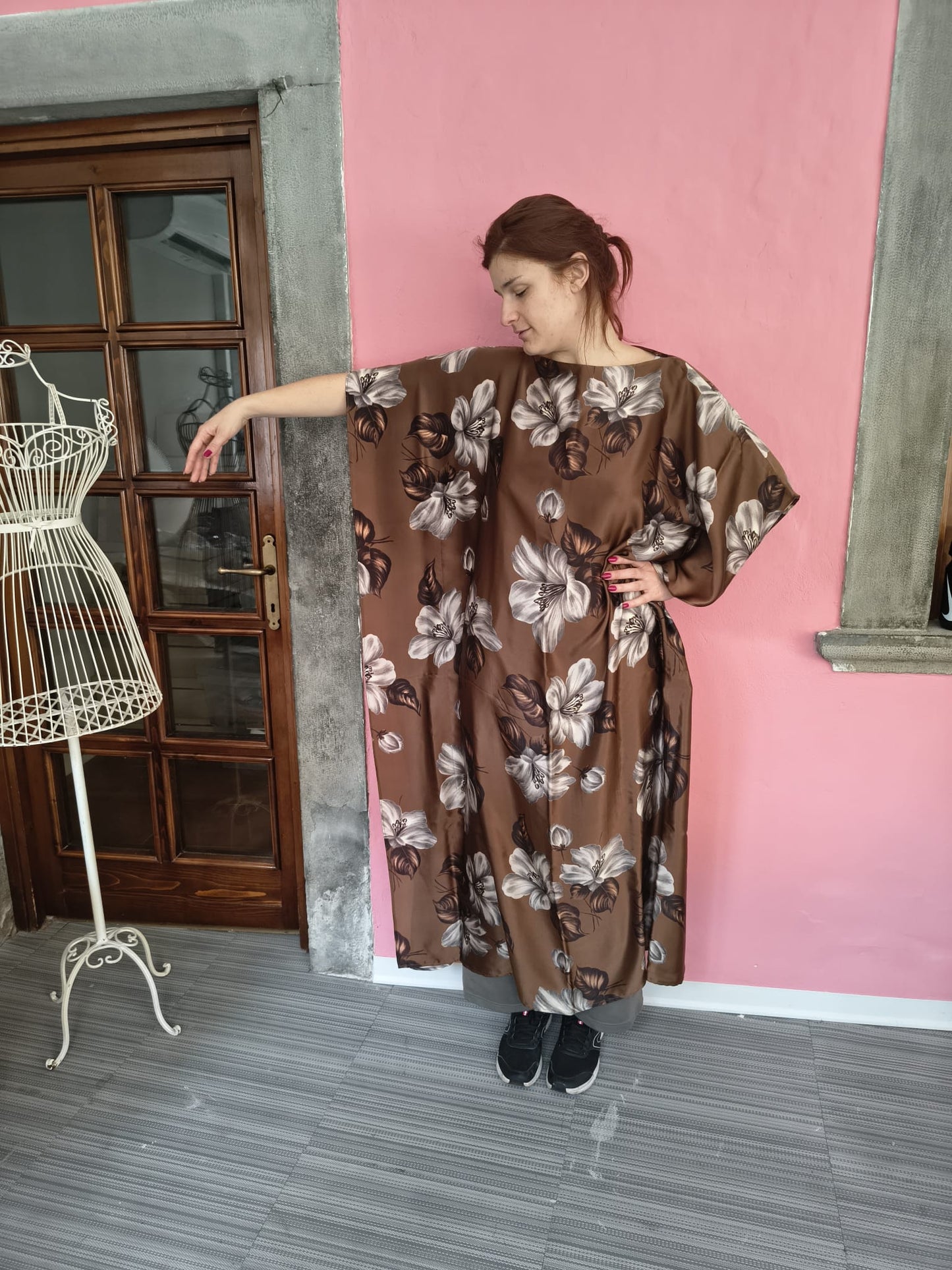 Chestnut Brown Floral Silk Kaftan