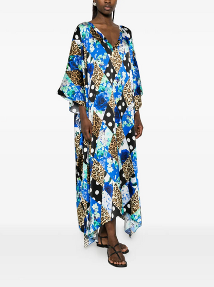 Mixed-pattern Leopard Polka Dot Blossom Silk Kaftan