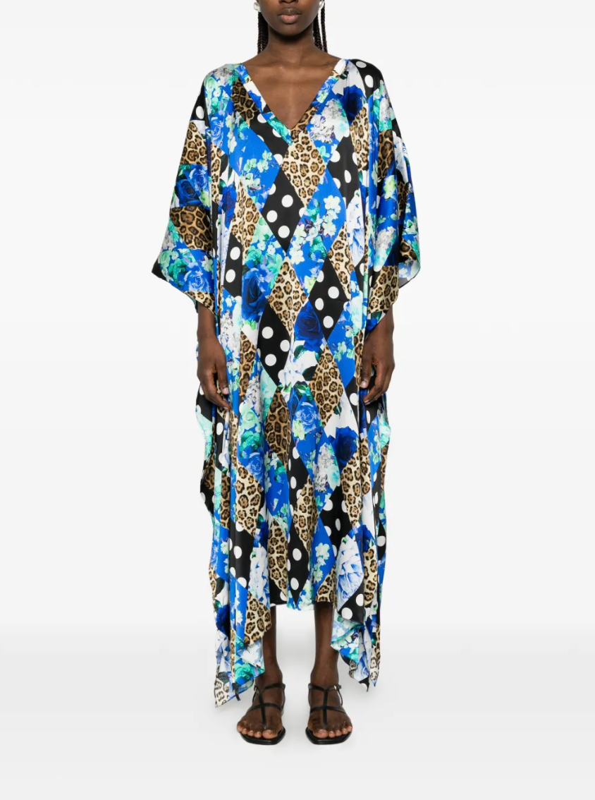 Mixed-pattern Leopard Polka Dot Blossom Silk Kaftan