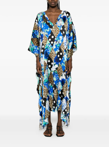 Mixed-pattern Leopard Polka Dot Blossom Silk Kaftan