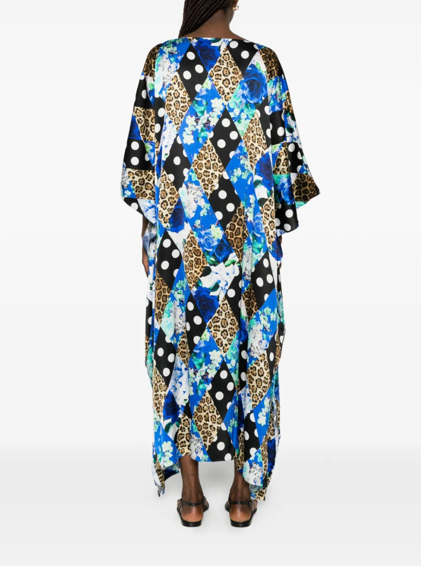 Mixed-pattern Leopard Polka Dot Blossom Silk Kaftan