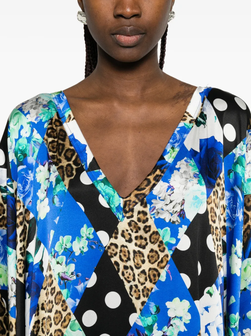 Mixed-pattern Leopard Polka Dot Blossom Silk Kaftan
