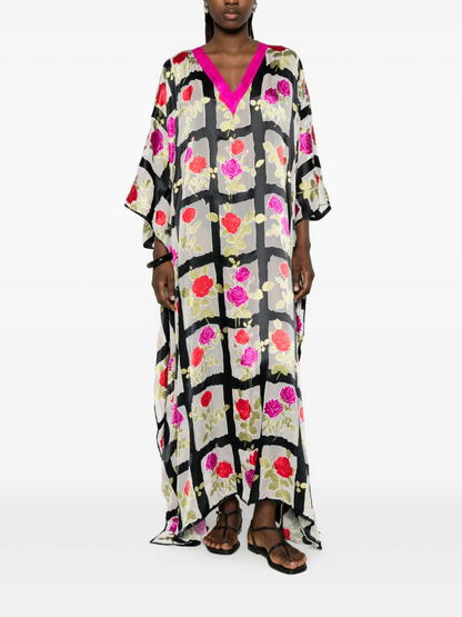 Rose-pattern Grid Silk Kaftan