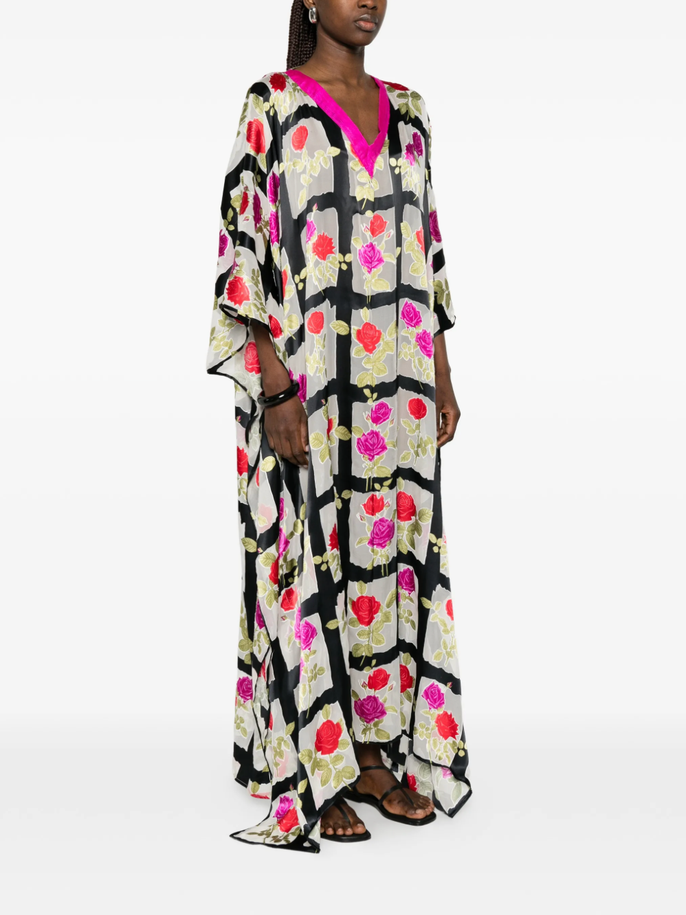 Rose-pattern Grid Silk Kaftan