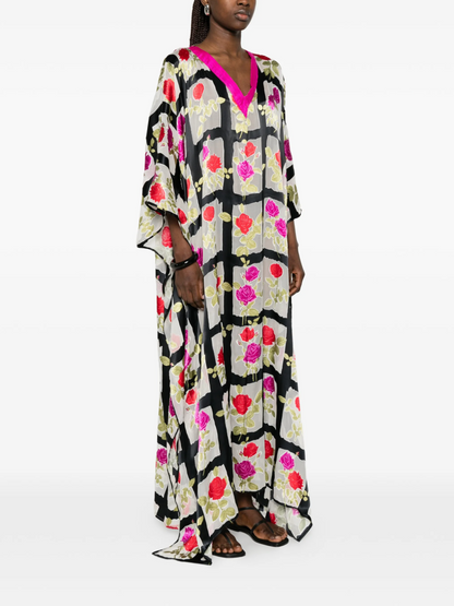 Rose-pattern Grid Silk Kaftan