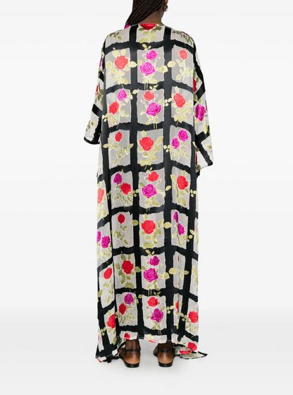 Rose-pattern Grid Silk Kaftan