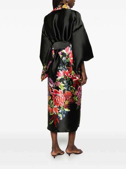 Black Floral Silk Kimono