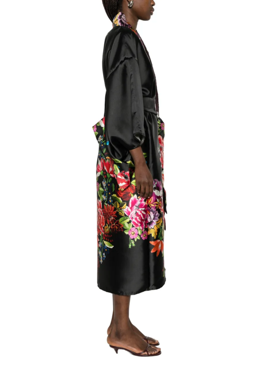 Black Floral Silk Kimono