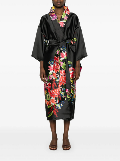 Black Floral Silk Kimono