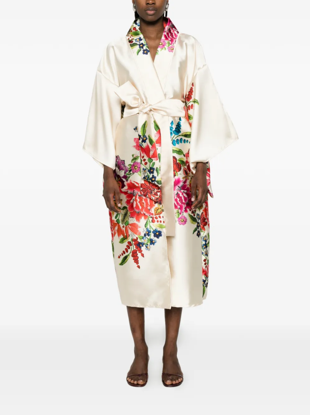 Cream Floral Silk Kimono