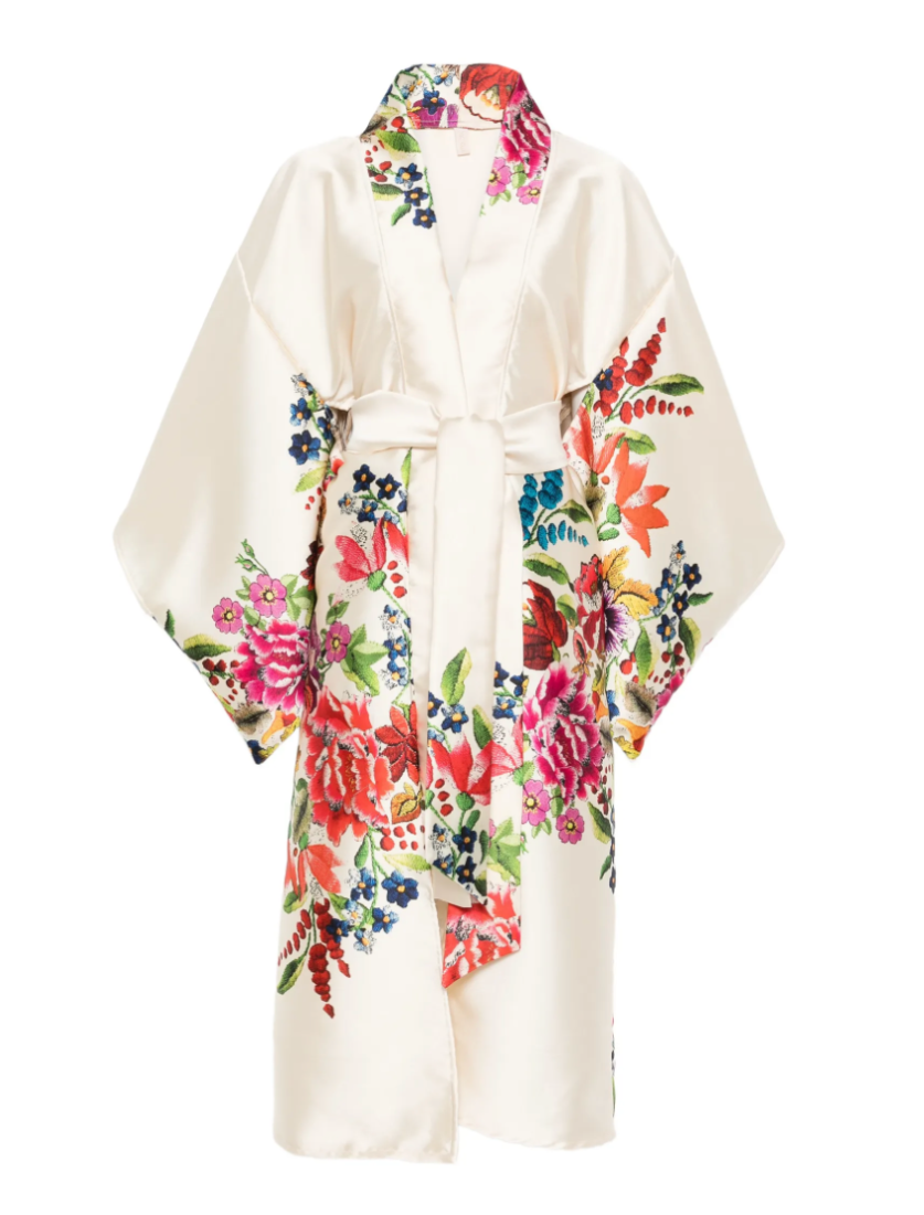 Cream Floral Silk Kimono