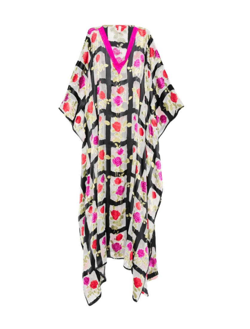 Rose-pattern Grid Silk Kaftan