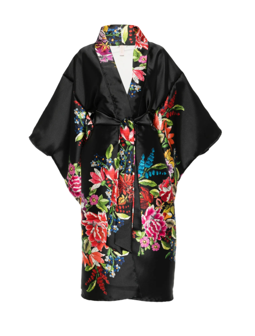 Black Floral Silk Kimono